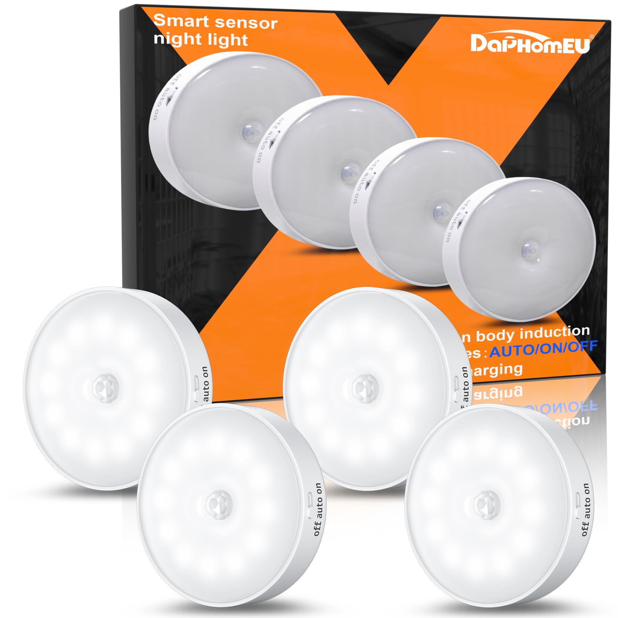 daphomeu Motion Sensor Lights Indoor,4 Pack Wireless USB Rechargeable Cupboard Lights,Stick on Wall Night Light,Battery Operated for Stair Wardrobe Corridors Closet Under Cabinet Kitchen Puck Lights