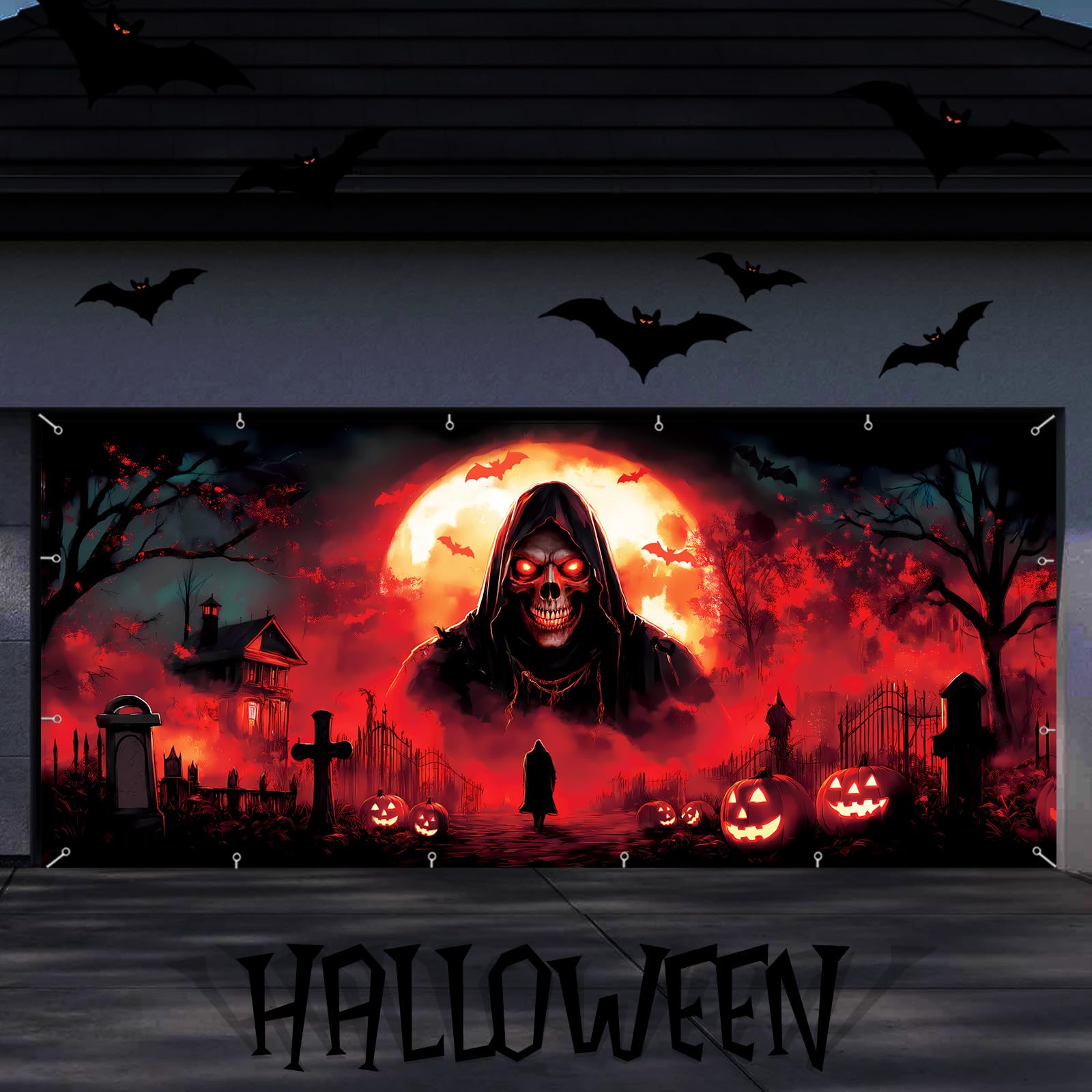 Photo 1 of 7x16ft Halloween Garage Door Cover Banner Large Hanging Backdrop Door Cover Gloomy Garage Wall Decoration Backdrop Mural for Home Outdoor Indoor Spooky Party Wall Window Yard Skeleton