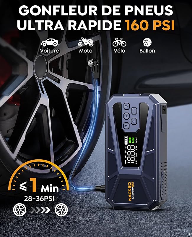 Booster Batterie Voiture 8000A avec Compresseur 160PSI, 12V Booster Voiture Portable (Essence & Diesel 12L), Démarreur Batterie Voiture avec Écran LCD,Eclairage de Secours,Banque d'alimentation