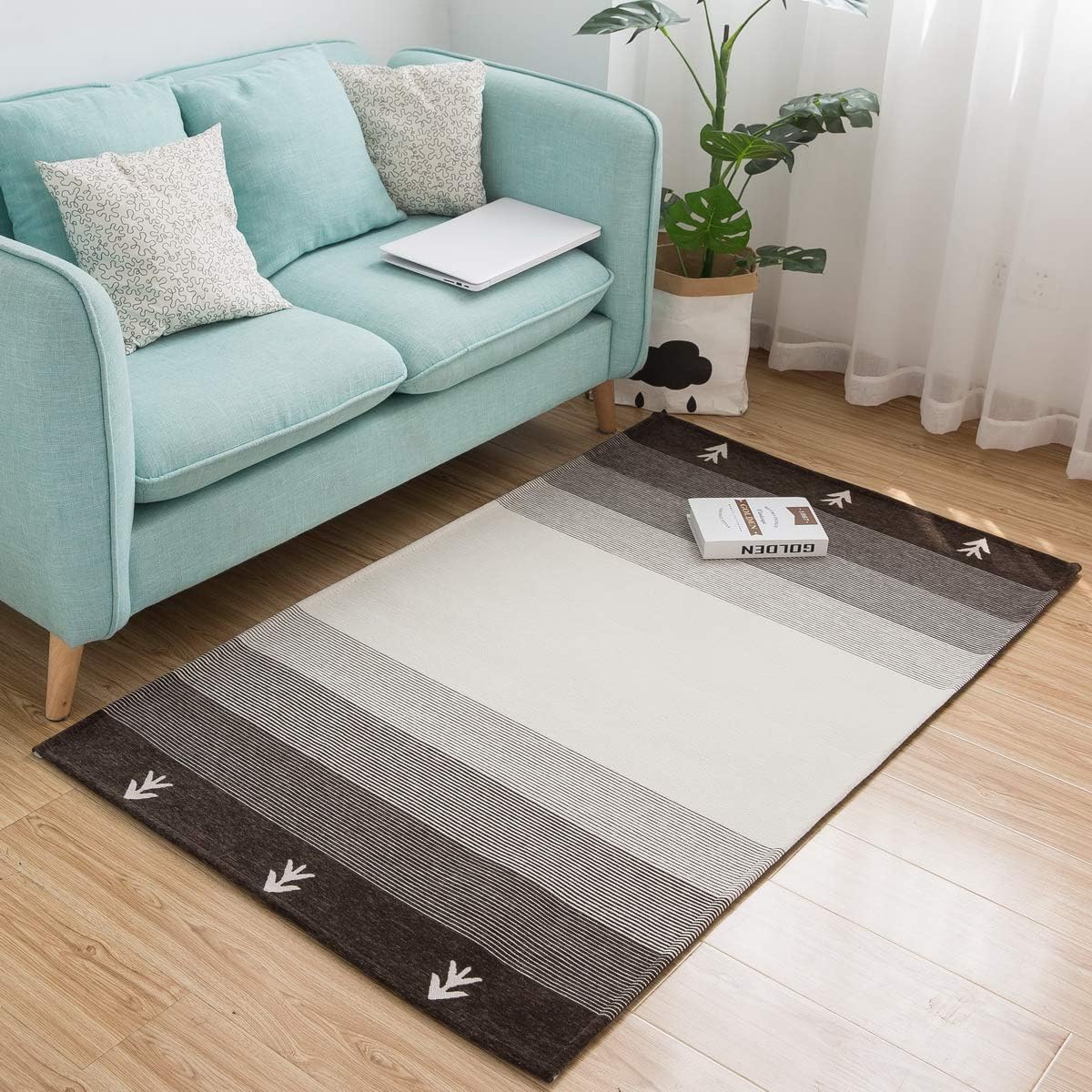 AMIDA 3'x5' Area Rug Washable,Non-Slip Brown and White Striped Gabbeh Chic Indoor Floor Carpet, Flat Weave Non Shedding Indoor Chenille Mat for Living Room/Kitchen/Bedroom/Laundry