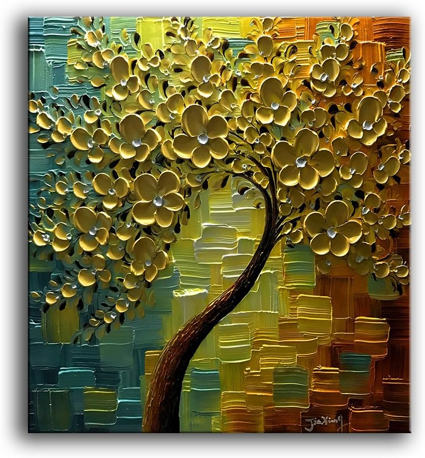 Paintings - YaSheng Art - 3D Oil Paintings On Canvas Golden Flowers Tree Paintings Abstract Artwork Wall Art For living Room,Dinning Room Home Decor Framed Stretched Ready to Hang 24x24inch