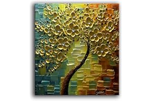 YaSheng Art - 3D Oil Paintings On Canvas Golden Flowers Tree Paintings Abstract Artwork Wall Art For living Room,Dinning Room Home Decor Framed Stretched Ready to Hang 24x24inch