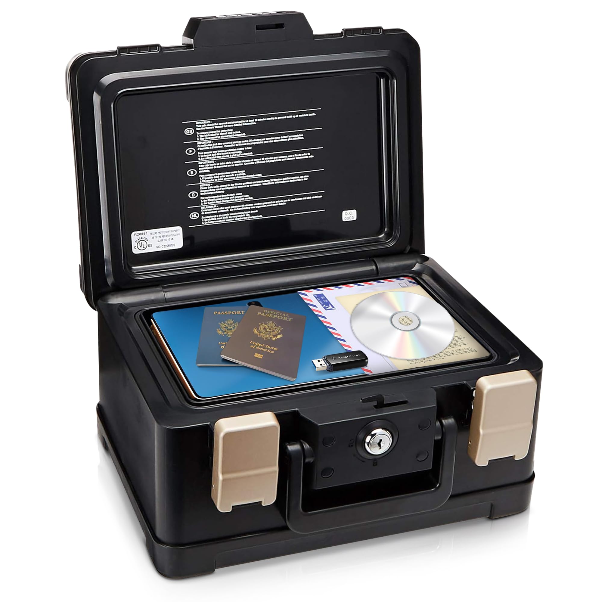 Photo 1 of Honeywell Safes & Door Locks - Fireproof & Waterproof Small Safe Box Chest for Home - Fits Folded Letter Size Documents - Strong ABS Plastic - Document Box with Key Lock System - 0.15 CU, Black, 