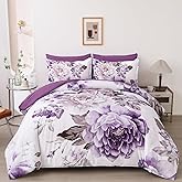 Dintszyayue Purple Floral Comforter Set King Size 7 Pieces, Elegant Flower Bed in a Bag, Lightweight Bed Set Comforter Set for All Season with Flat Sheet, Fitted Sheets, Pillowcases & Shams