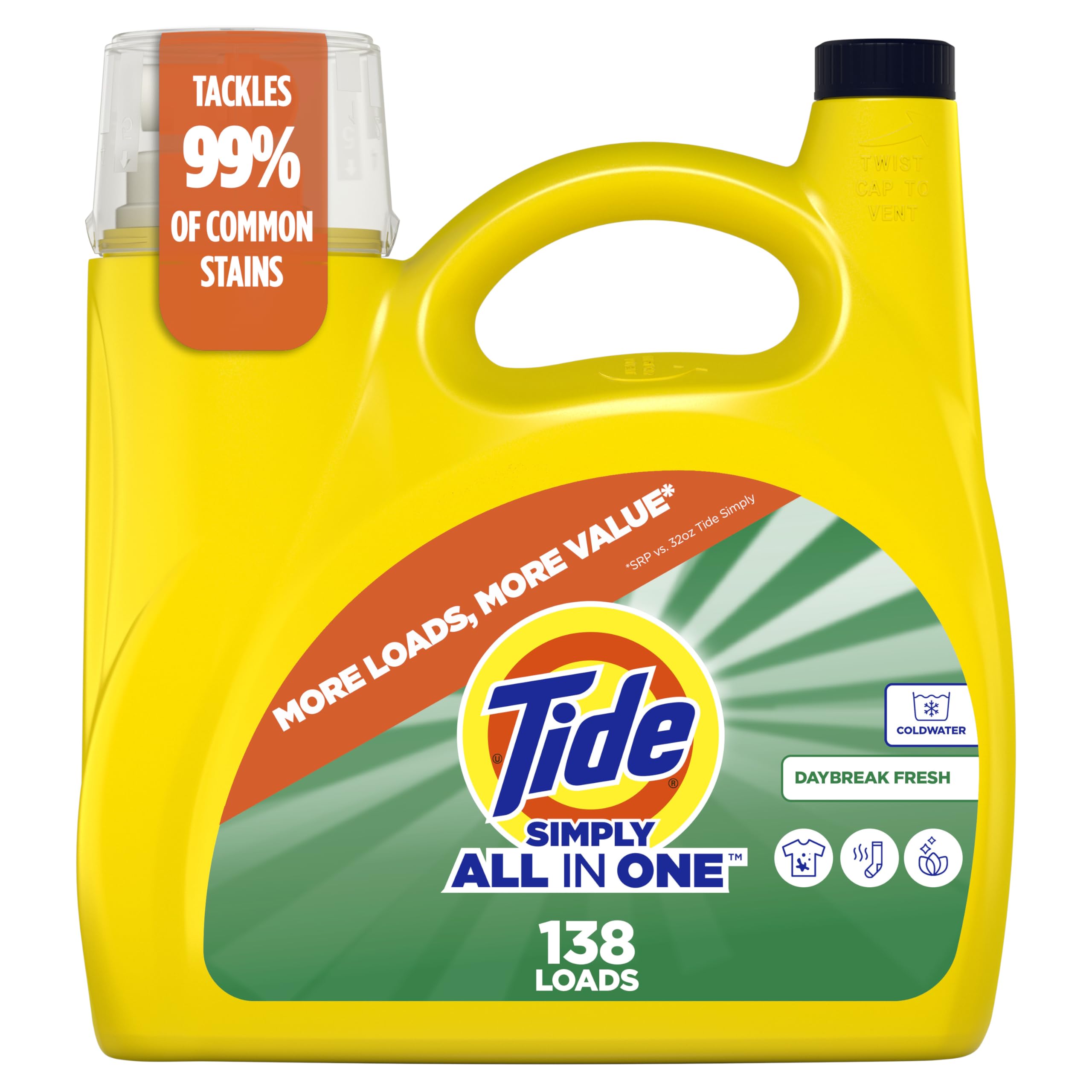 Photo 1 of Tide Simply All-In-One Liquid Laundry Detergent, Daybreak Fresh Scent, 138 Loads, 182 fl oz