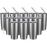 COMOOO 20oz Stainless Steel Tumbler Double Wall Vacuum Coffee Cup Insulated Travel Mug with Lid and Straw Durable Powder Coated Insulated Coffee Cup for Cold & Hot Drinks (Silver, 12 pack