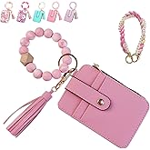 Womens Boho Beaded Wristlet Wallet Keychain with Flower Pattern, Boho Style Beaded Tassel Card Holder Purse for Women