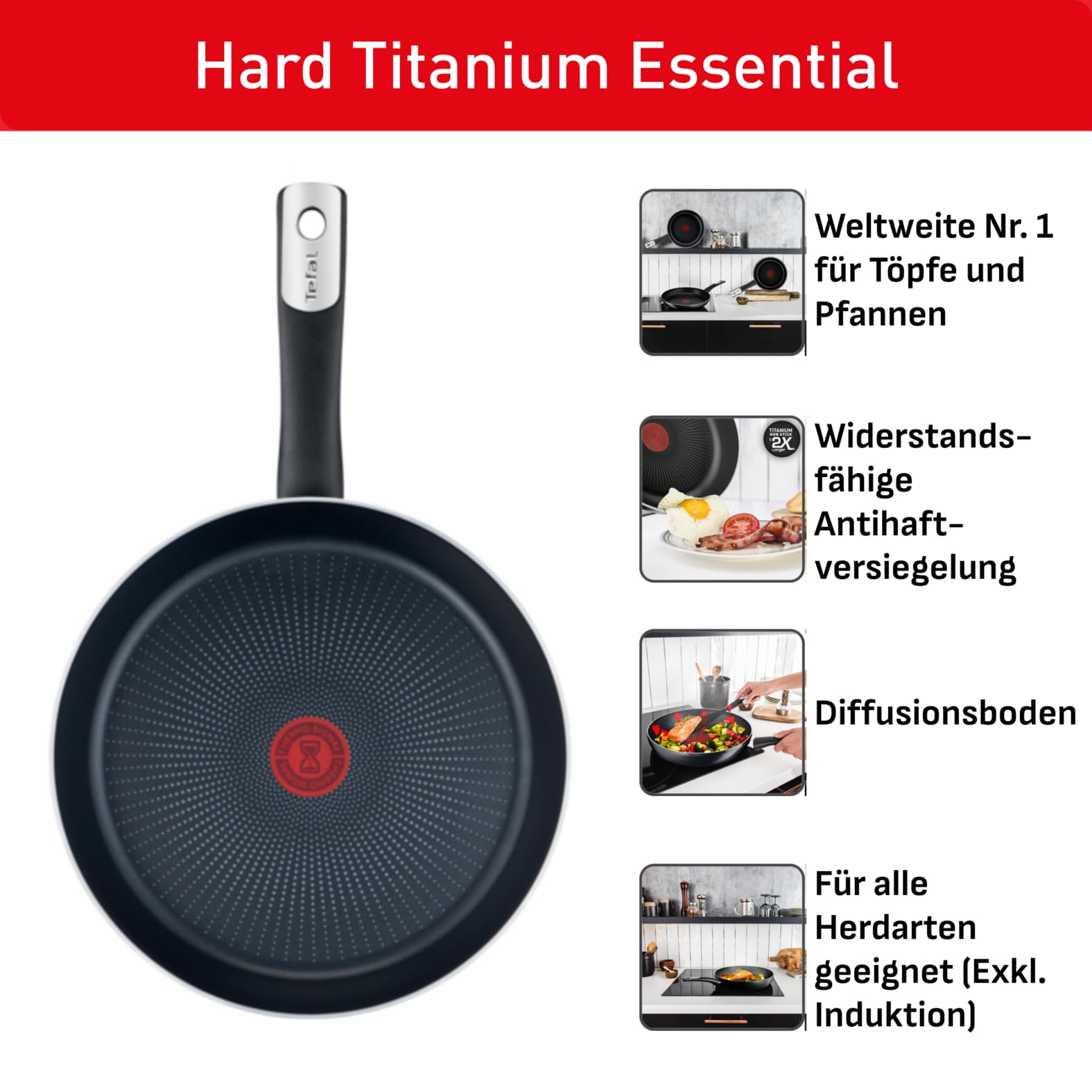 Tefal Hard Titanium Essential Bratpfanne 28 cm, Antihaftversiegelung, Thermo-Signal bei idealer Brattemperatur, spülmaschinengeeignet, Nicht induktionsgeeignet, Made in France, C38806 2