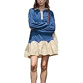 D-Sun Women Sweatshirt Mini Dress Fall Oversized Button Down Long Sleeve Patchwork Casual Shirt Polo Pleated Dress