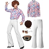 70s Disco Outfits for Men 70's Retro Clothes Shirt Bell Bottom Pants Vintage Hip Hop Costume with Wig Accessories