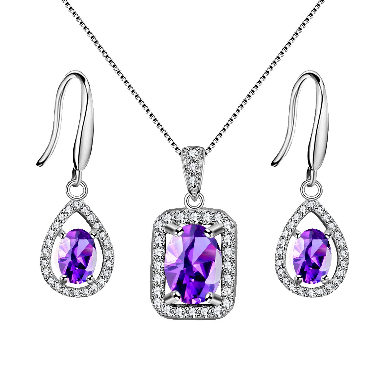 Uloveido 925 Sterling Silver Purple Amethyst Crystal Pendant Necklace and Earrings Gemstone Jewellery Set for Women FT001