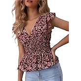 Women's Summer Sleeveless Wrap V Neck Peplum Tops Dressy Chiffon Blouses Ruffle Shirts Floral Tank Top Ruched Blouses