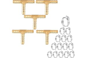AOPANDA Brass Barb Tee Fittings 5/16", T-Shaped 3 Ways Union 5/16" ID Hose Pipe Fitting with 15pcs Stainless Steel Pipe Clamp for Water/Fuel/Air (Pack of 5).