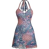 Milumia Women's Vintage Tie Back Halter Dress Boho Print Mesh Short Dresses