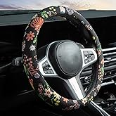 Black Cat Flower Steering Wheel Cover Auto Jacquard Steering Wheel Protector, Anti-Slip, Breathable, Absorbing Sweat, Universal Cat Car Accessories 14.5–15 inch,Fit for Most Car, Trucks, SUV