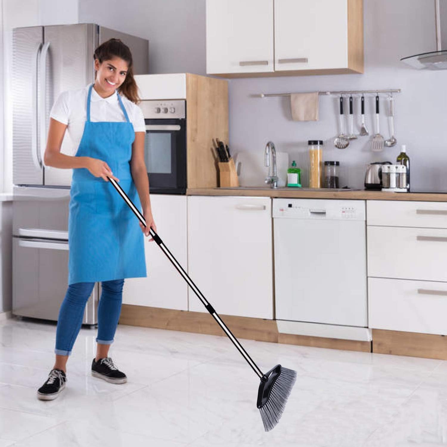Angle Broom with Adjustable Stainless Steel Handle, PET Fine Long Broom Bristles, Heavy Duty Floor Sweeper, Great Use for Home Kitchen Room Office, 1 Pack: Health & Personal Care