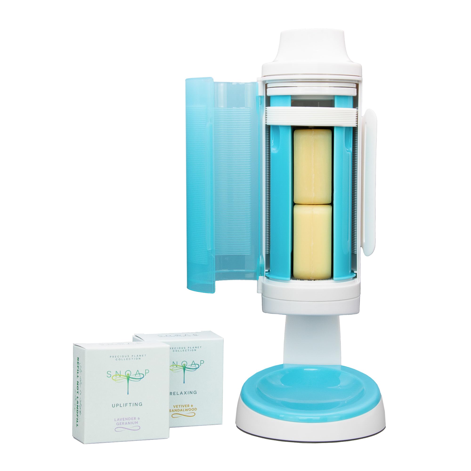 SNOAP Theia – Luxury Solid Soap Dispenser - Glossy White & SNOAP Blue Dispenser - With Countertop Stand, Wall Mount & 2 Precious Planet Soaps (110g Each) - Long lasting & Luxury Experience