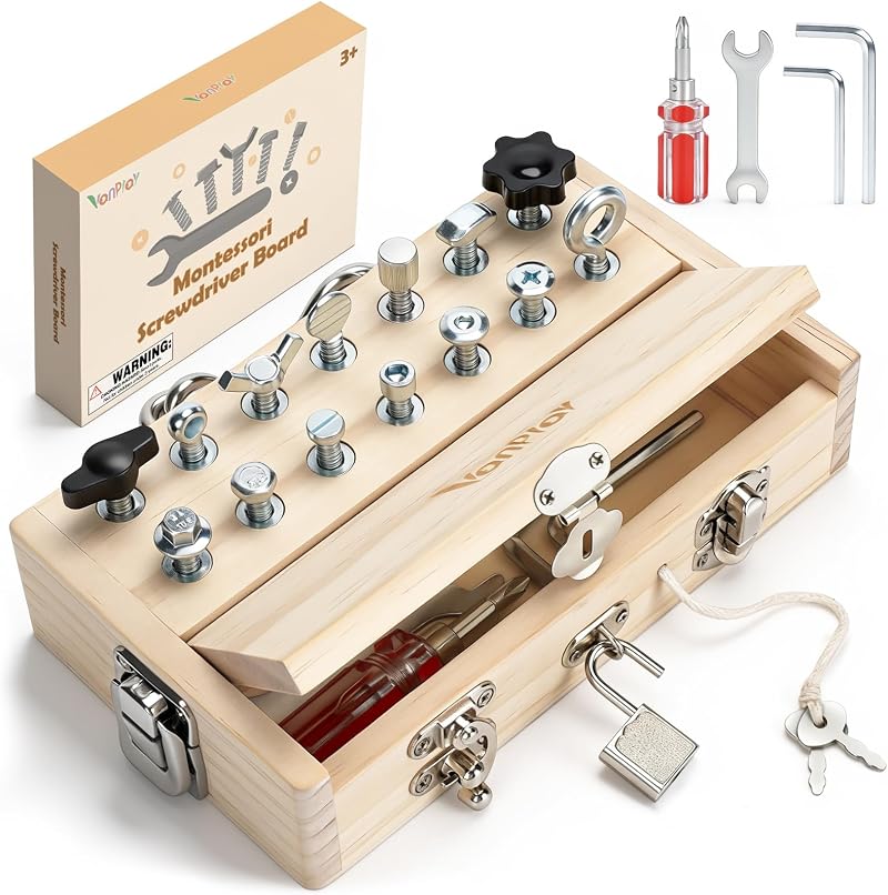 Vanplay Montessori Screwdriver Board Set with Lock and Key for Kids 3 4 5