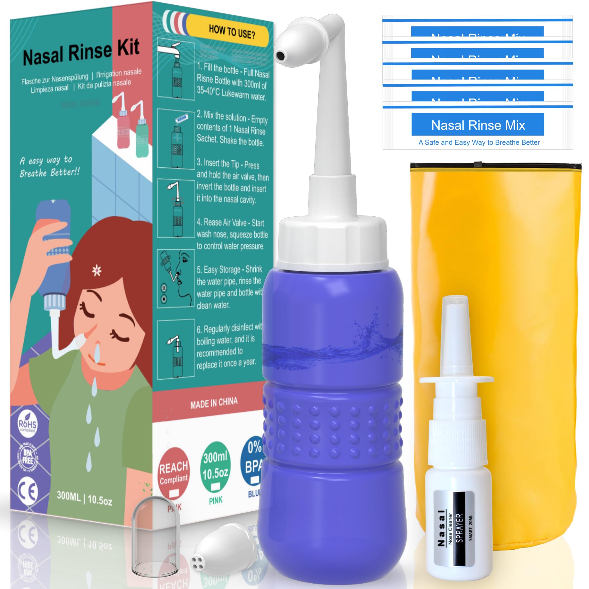 Travel Sinus Rinse Kit +5 Nasal Wash Salt Packets Neti Pot with 2 Soft Nozzle Nasal Rinse Mix Nose Wash Bottle 300ml + Nasal Sprayer with Nasal Rinse Mix +Bag BPA Free,Blue