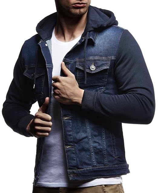 LEIF NELSON Herren Sweat-Jacke Denim | Vintage Jeans-Jacke für Männer mit Kapuze Slim-Fit Langarm | Freizeit Hoodie verwasche