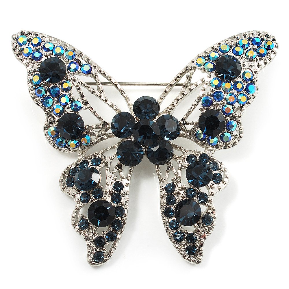 Dazzling Navy Blue Diamante Butterfly Brooch (Silver Tone)