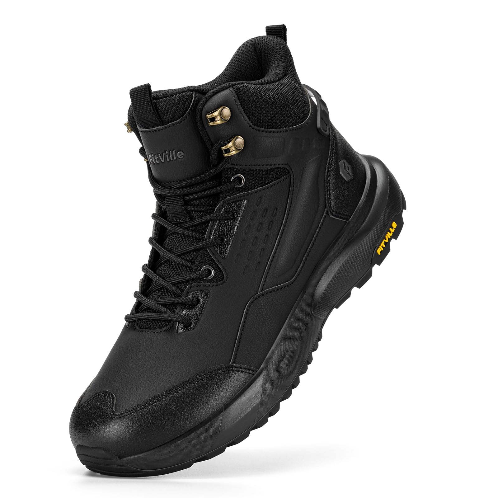 Photo 1 of FitVille Wide Mens Boots All-Terrain Non-Slip Men's Hiking Boots Mid Height Outdoor Trekking Camping Shoes for Men, Durable Upper, Comfortable & Shock-Absorbing (Black, 14 Wide)