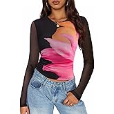 ZESICA Womens 2026 Spring Floral Mesh Going Out Tops Long Sleeve Crewneck Slim Fit Ruched Y2k Shirt Beach Vacation Outfit
