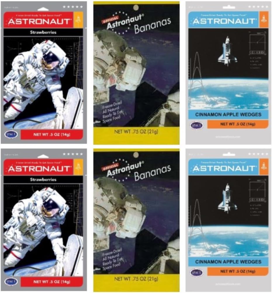 Astronaut Foods Freeze-Dried Space Food Fruit 3 Flavor 6 Pouch Variety Bundle, (2) Each: Strawberries, Bananas, and Cinnamon Apples, .5-.75 Oz Ea