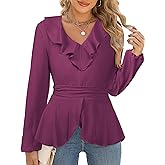ECOWISH Women Dressy Ruffle Blouse: 2025 Long Sleeve Peplum Work Shirts Elegant V Neck Smocked Waist Business Casual Tops