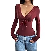WDIRARA Women's Lace V Neck Top Tie Front Long Sleeve T Shirts Fitted Tops