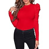 Remidoo Women's Solid Round Neck Puff Long Sleeve Slim Fit T Shirt Tops