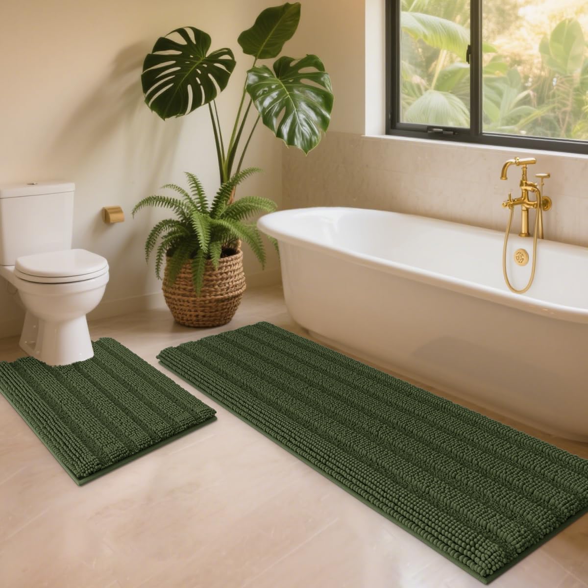 Photo 1 of ACCUMTEK Christmas Striped Olive Green Toilet Bathroom Rug Mat Set 2 Piece Rug Ultra Soft, Non Slip Chenille Bath Rugs, Absorbent Plush Shaggy Bath Mats for Bathroom, Bedroom, Kitchen, Shower, Tub