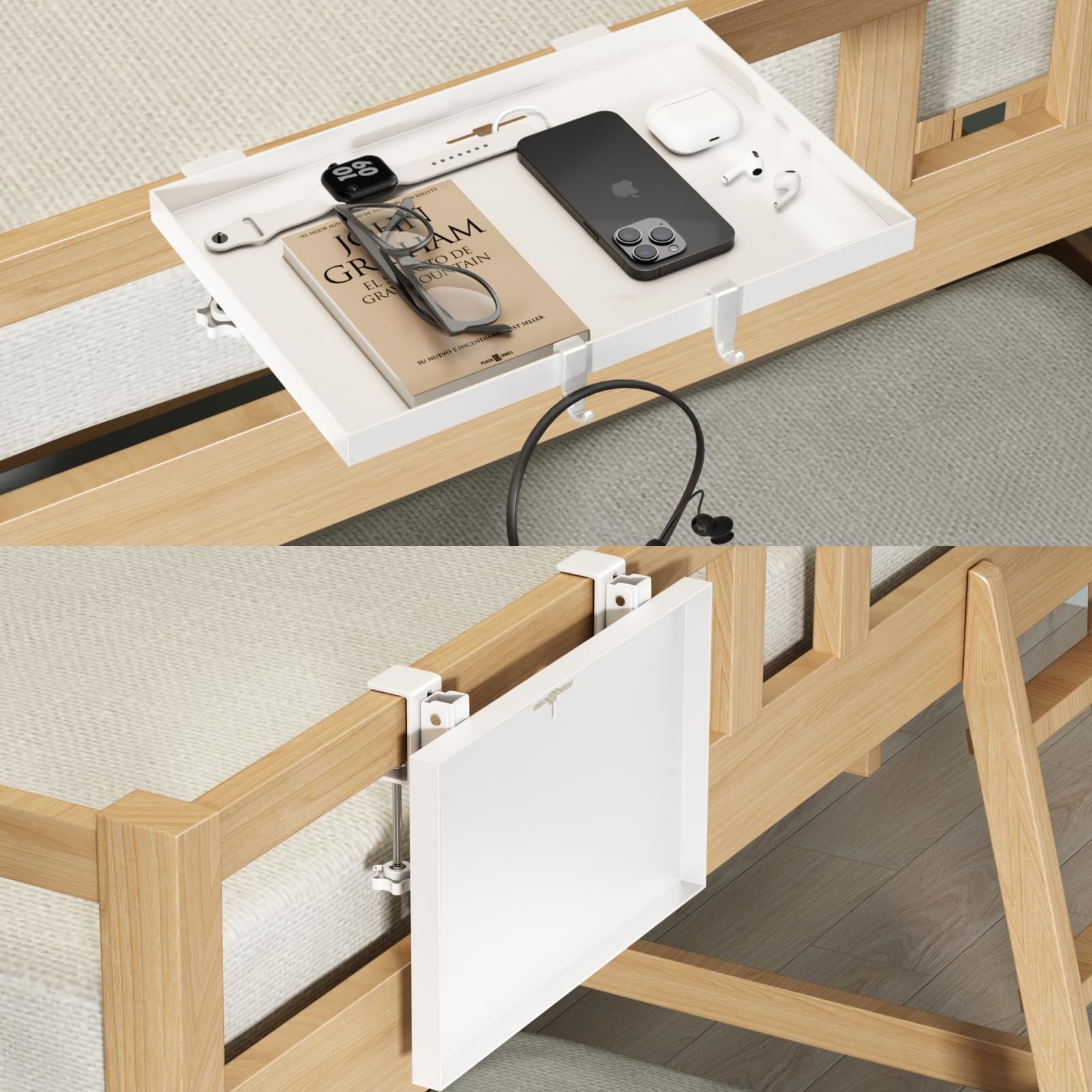 Photo 1 of Magheo Bedside Shelf Foldable, Metal Clip-On Bunk Bed Table Shelf for Top Bunk Heavy Duty Bed Side Table Tray for College Dorm Room Essentials, Loft Nightstand Organizer Tray with 1 Cord Hole(White)