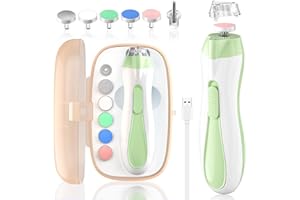 BSRGMS Baby Nail File Electric Baby Nail Care Set with LED Light, Baby Nail Clipper Electric for Newborn/Infants/Adults Toenails and Fingernails, 7 Grinding Head Replacement Pads, Green