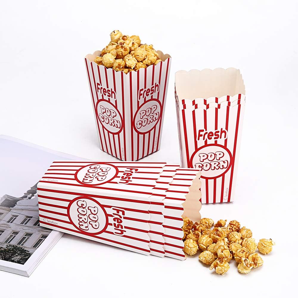 Movie Party Popcorn Boxes Food Grade - Striped Red and White - Supplies for Movie Night, Theaters, Festivals, Carnival Party Theme (20boxes)