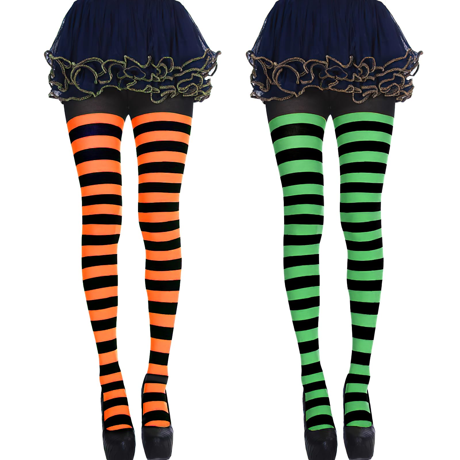 2 Pairs Halloween Striped Tights, Full Footed Stripey Tights with Black-Orange and Black-Green Stripes, Opaque Halloween Tights for Women, Stripy Tights Women for Halloween Fancy Dress