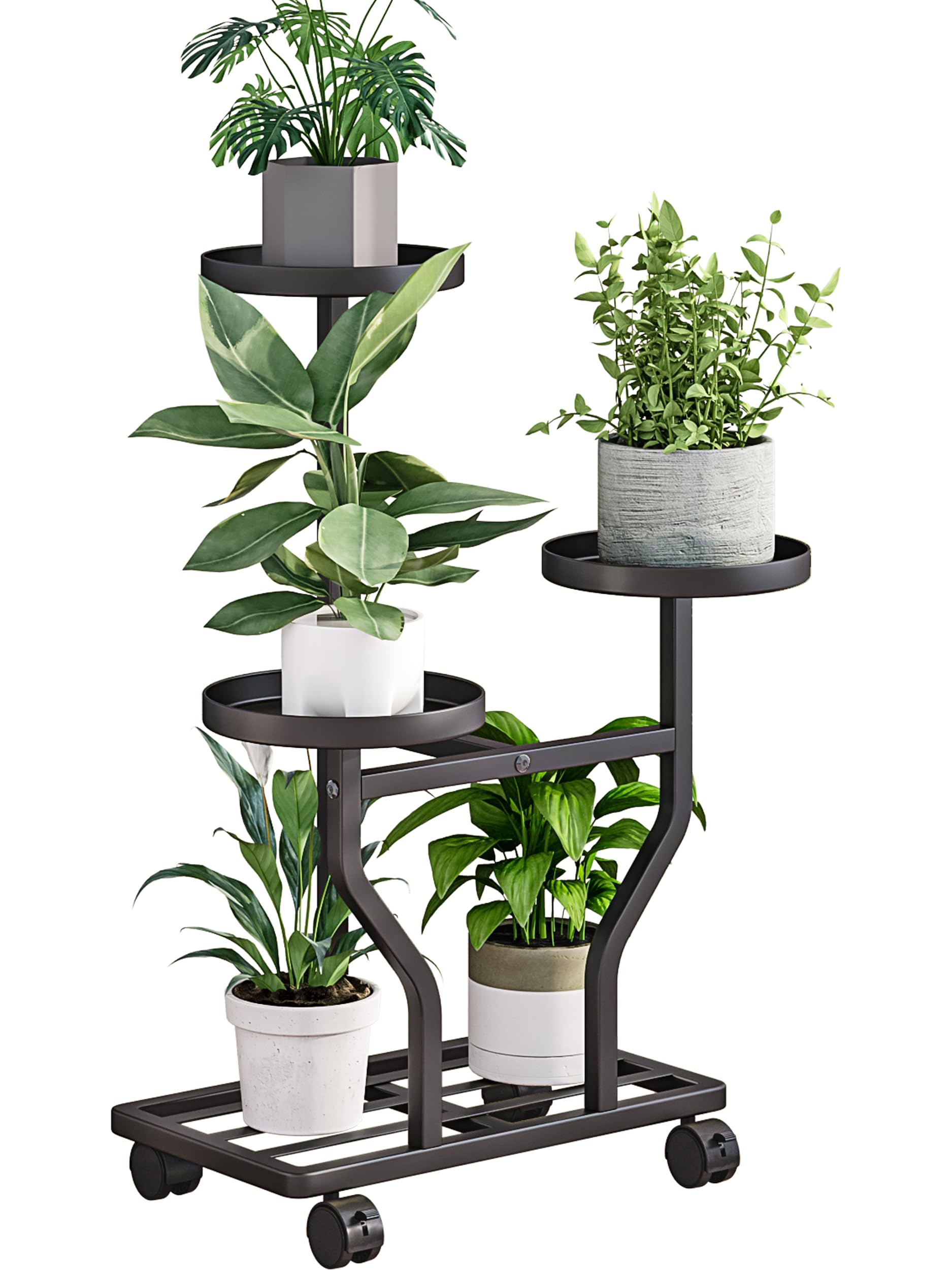 YIZAIJIA Black 3 Tier Metal Plant Stand with Wheels for Indoor Outdoor
