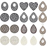 PH PandaHall 36PCS Wood Pendants, 9 Styles Hollow Wooden Teardrop Pendants Flat Round Oval Vintage Wood Statement Heart Hanging Ornaments for DIY Women Earring Necklace Jewelry Making Craft