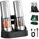 NIHEWON Electric Salt and Pepper Grinder Set with LED Light, Rechargeable Salt and Pepper Shakers with 5 Adjustable Coarseness, Upgraded Large Capacity, Stainless Steel, Storage & Charging Base