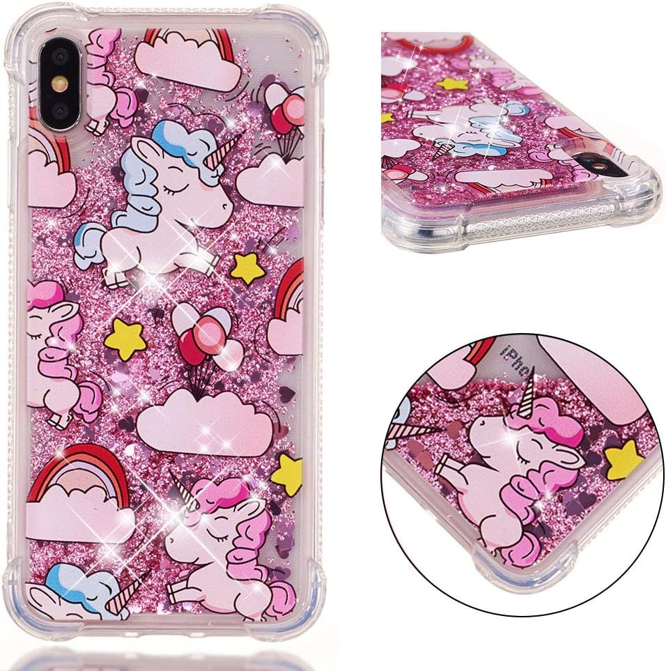 YMHML Glitter Case Compatible with iPhone Xs MAX (2018 Release) 【6.5 Inch】 Luxury Fashion Bling Flowing Liquid Floating Sparkle Glitter Cover Print Unicorn Cute Cartoon TPU Bumper Case (Pink)
