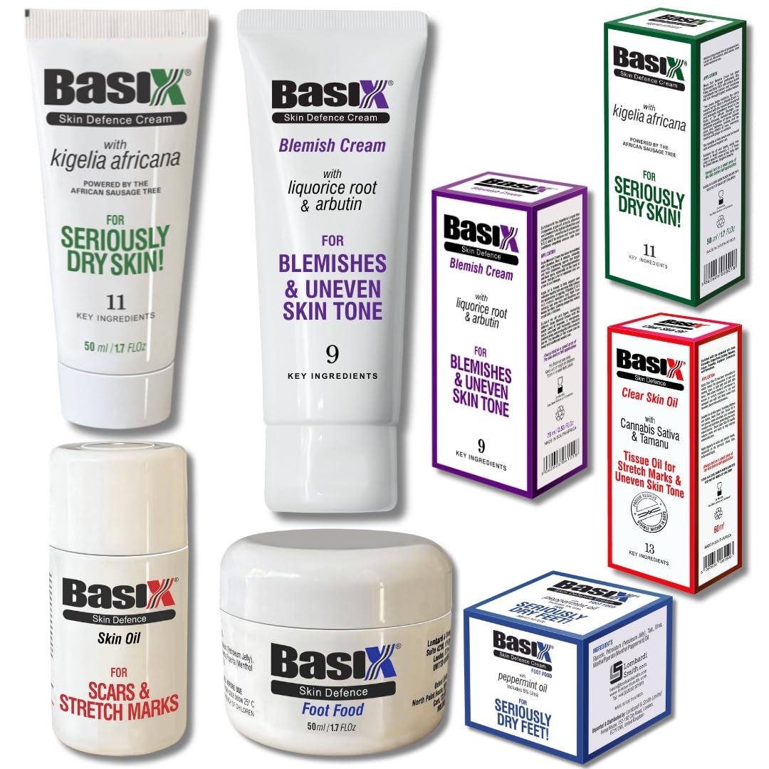 Basix Skin Defence Cream PAMPER BOX [1x Dry Skin Cream, 1x Foot Repair Cream, 1x Blemish Cream for fading Liver Spots, 1 x Skin Oil for Scars & Stretch Marks] - Pamper and Restore Your Skin and Feet