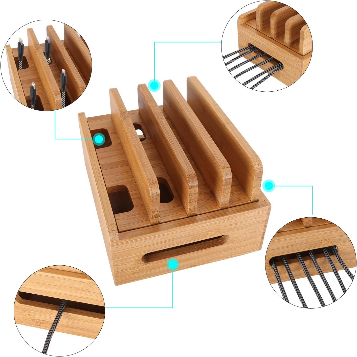 XPhonew Bamboo Wood Desktop Multi-device Cords Organizer Stand and Charging Station Charger Dock Cradle Holder for iPhone 14 13 12 11 Pro Max XS iPad Mini 4 5 Samsung OnePlus LG Smartphones and Tablet - Image 4