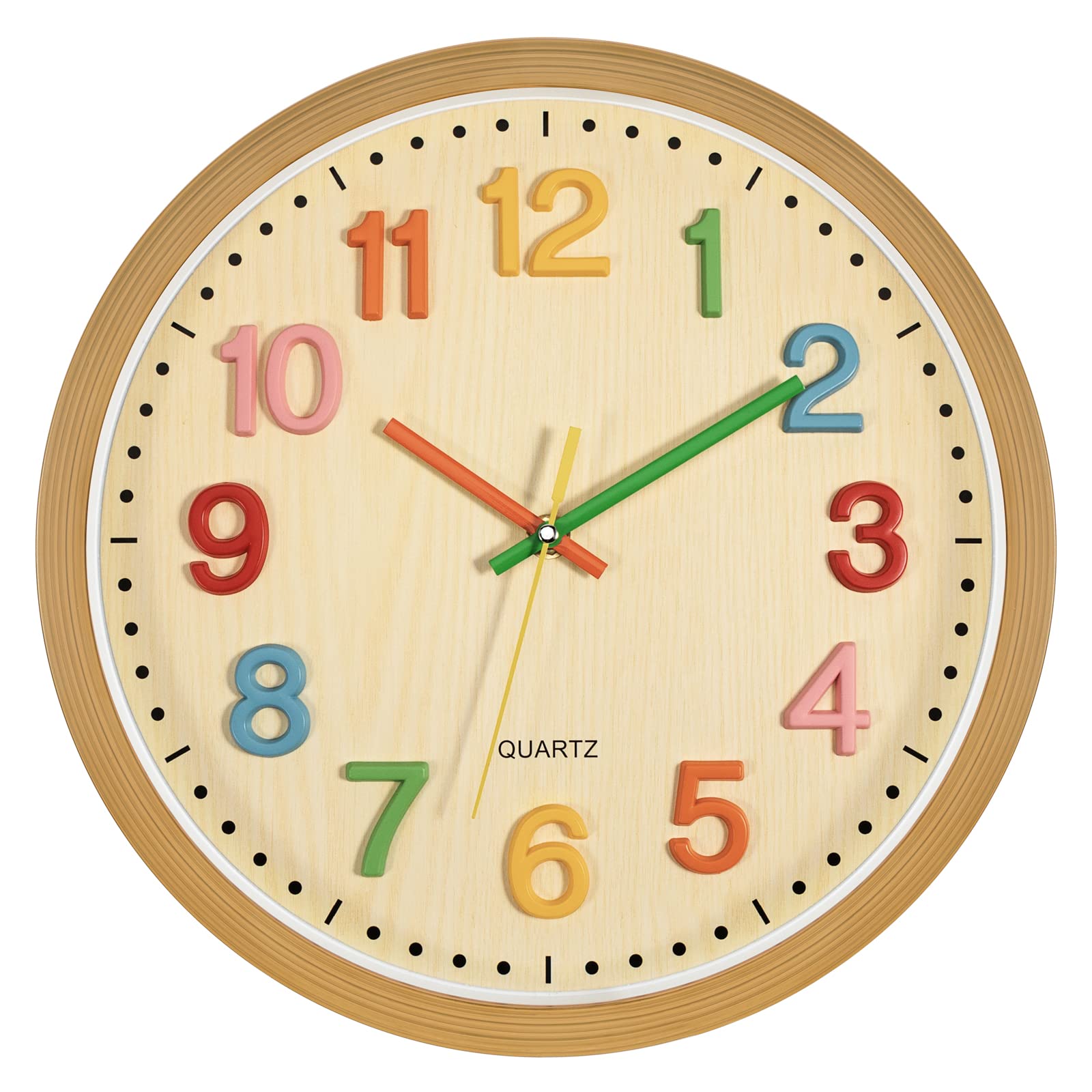 Foxtop Silent Non-Ticking Decorative Colorful Kids Wall Clock Easy to Read for Classroom, Kids Room, School, Playroom, Nursery Room (3D Number, 30 cm)