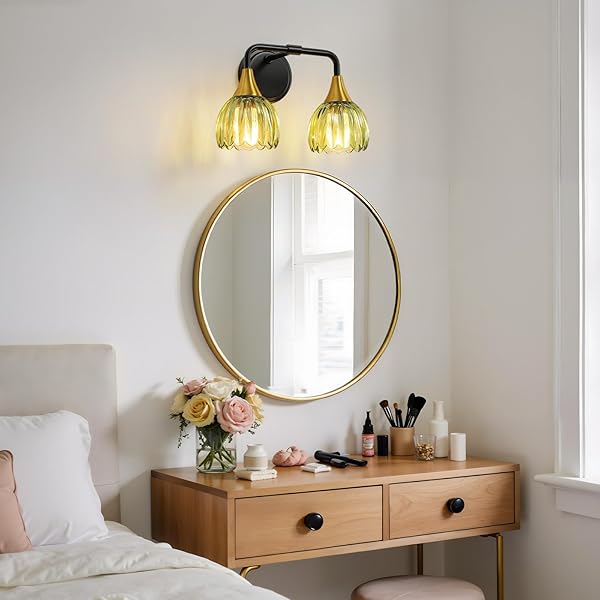 HAHZT BATHROOM VANITY LIGHT FIXTURES: 2-LIGHTS VINTAGE BATHROOM LIGHTS OVER MIRROR WITH RIBBED GREEN TULIP GLASS SHADE – 14 INCH BLACK AND GOLD WALL SCONCE BATH LIGHTING