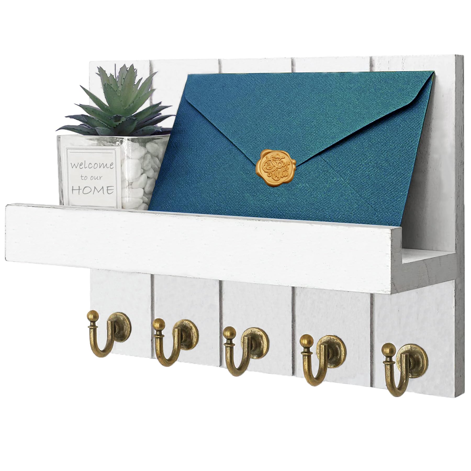 Baoswi Key and Mail Holder for Wall, Key Hanger with Shelf Wood Wall Shelf with Hooks - 5 Hooks for Decorative Retro Hanging Organiser Rustic Farmhouse Decor for Entryway (White)