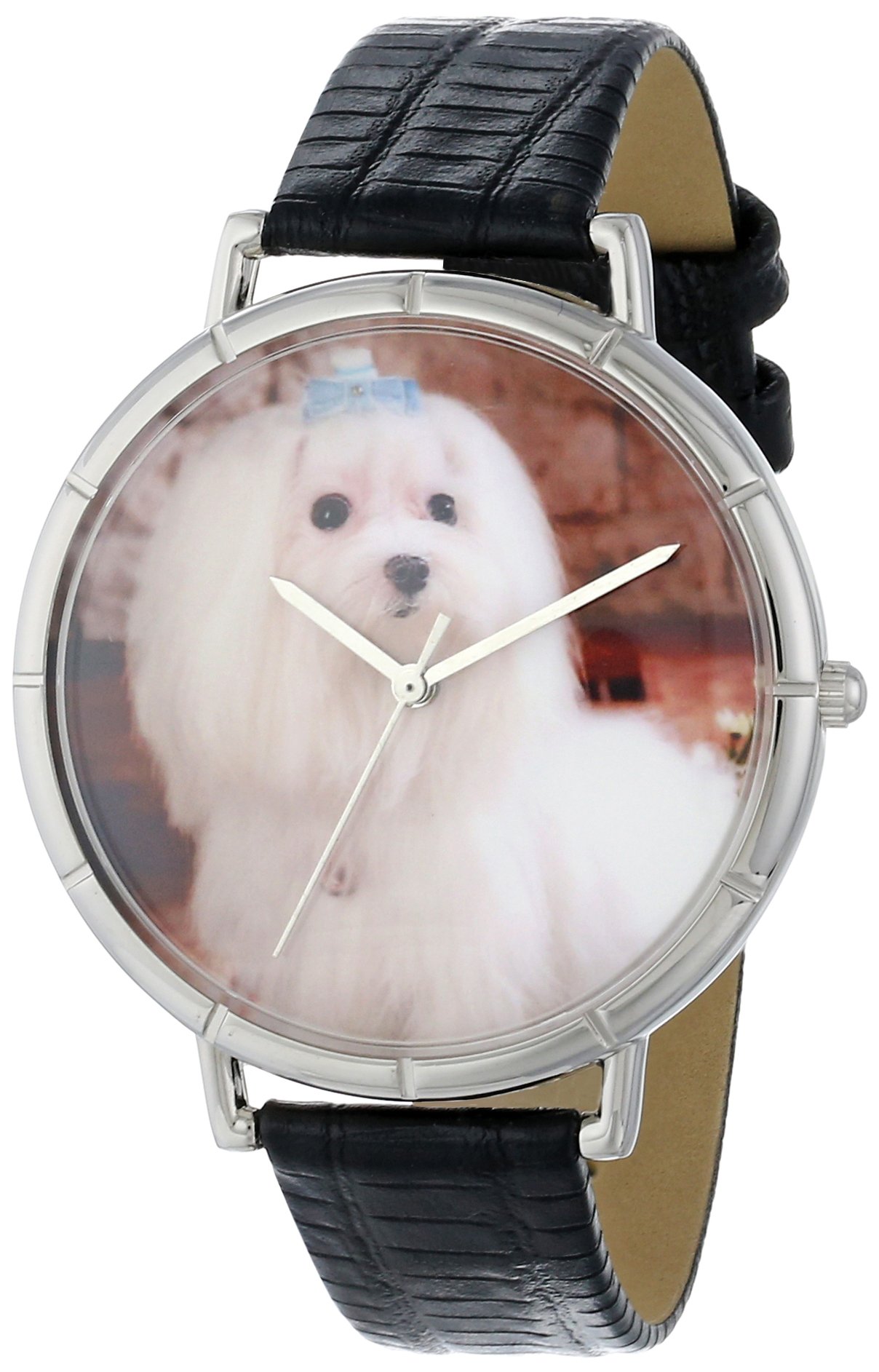 Whimsical Watches Maltese Black Leather and Silvertone Photo Unisex Quartz Watch with White Dial Analogue Display and Multicolour Leather Strap T-0130051