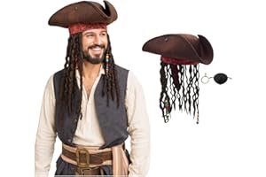 Nicky Bigs Novelties Pirate Hat for Men With Pirate Dreadlock Wig, Eye Patch & Gold Earring, Adult Tricorn Hat For Women, Tricorn Hats with Dreadlocks, Pirate Costume Accessories, Adjustable Size