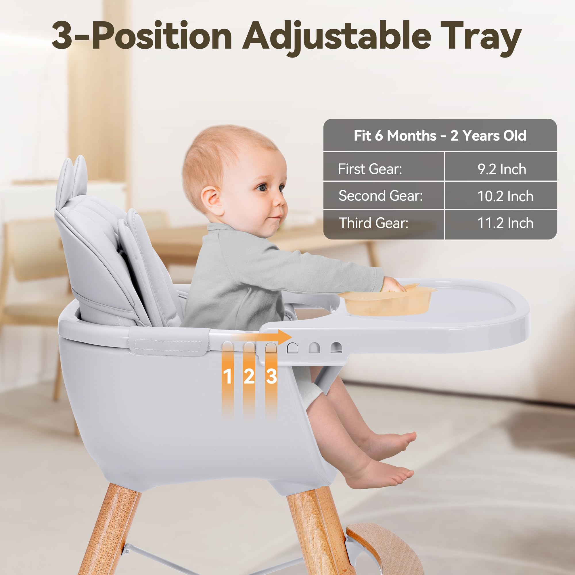 CoziBB 4-in-1 Baby High Chair, Convertible Easy-to-Clean Wooden Highchair for Infant, Kids& Children, 3 Position Tray, Leatherette Seat, Modern and Compact Design, Grey