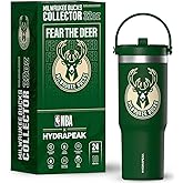 Hydrapeak x NBA Officially Licensed Milwaukee Bucks 32oz Nomad Stainless Steel Tumbler with Handle and Straw Lid, Leakproof Water Bottle in Limited Edition Collector's Gift Box