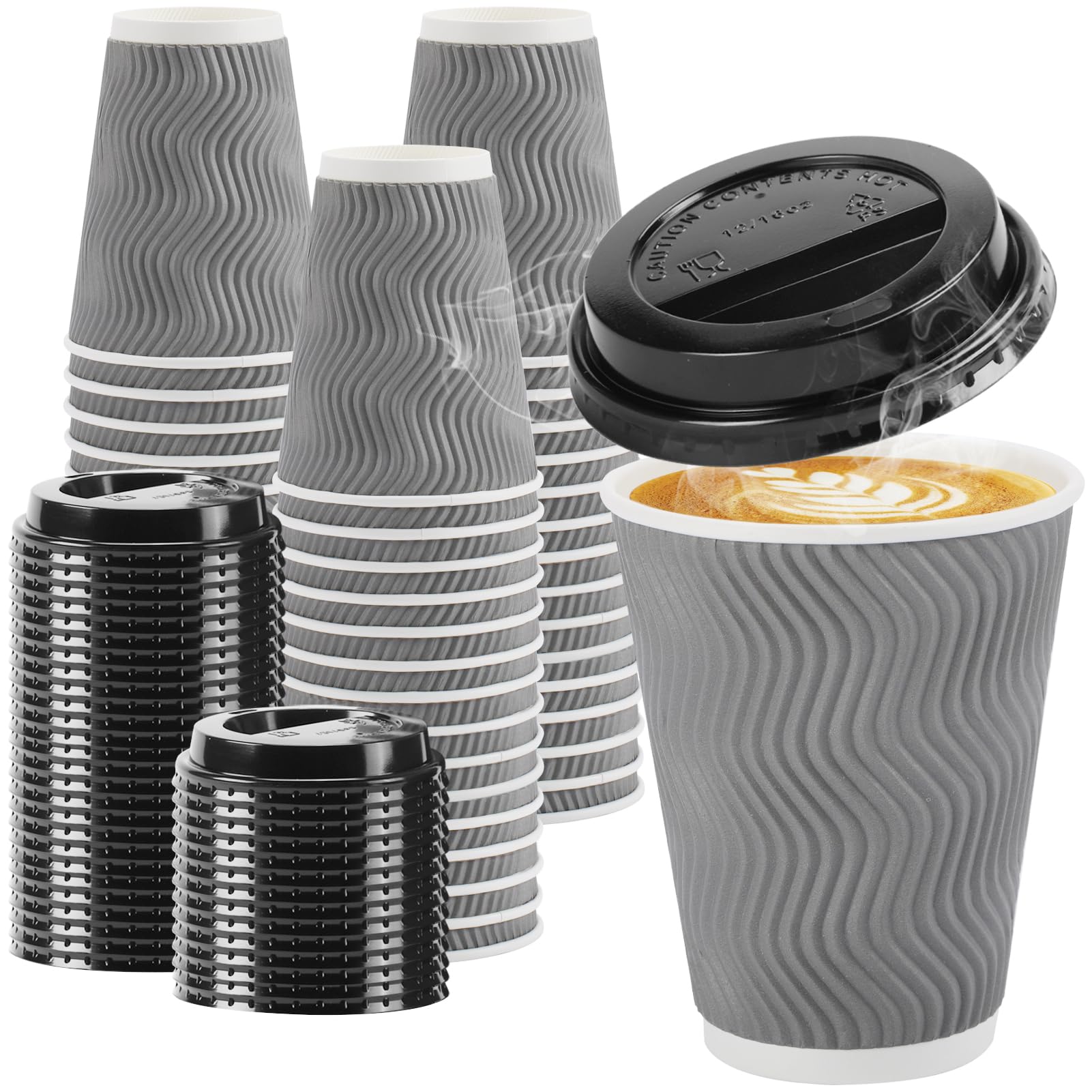 100 Pack 12 Oz Disposable Coffee Cups With Lids & Sleeves  Leak-Proof  Thick Paper Hot/Cold To-Go Cups (White) Vasos Desechables
